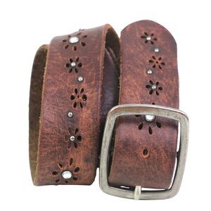 Aeropostale BROWN REAL LEATHER 1 1/4"Wd STUDDED PERFORATED CASUAL BELT Sz L (90T